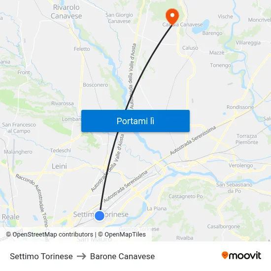 Settimo Torinese to Barone Canavese map