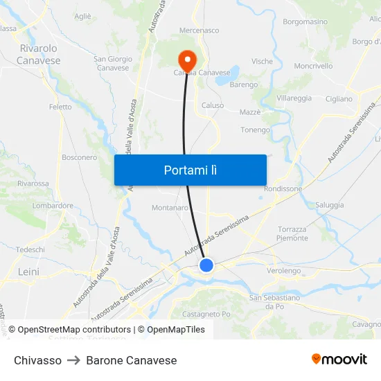 Chivasso to Barone Canavese map