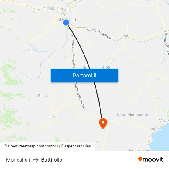Moncalieri to Battifollo map