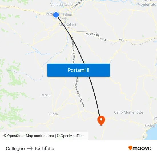 Collegno to Battifollo map