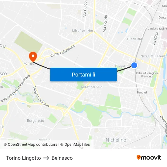 Torino Lingotto to Beinasco map