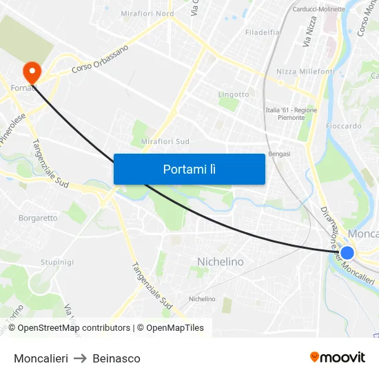 Moncalieri to Beinasco map