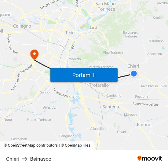 Chieri to Beinasco map