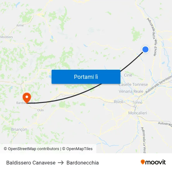 Baldissero Canavese to Bardonecchia map