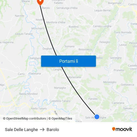 Sale Delle Langhe to Barolo map