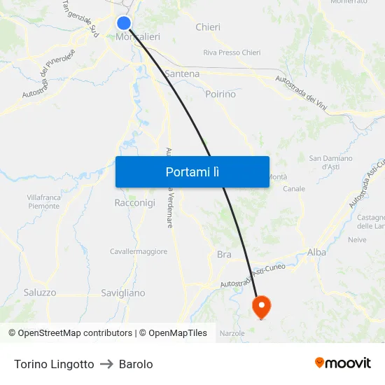 Torino Lingotto to Barolo map