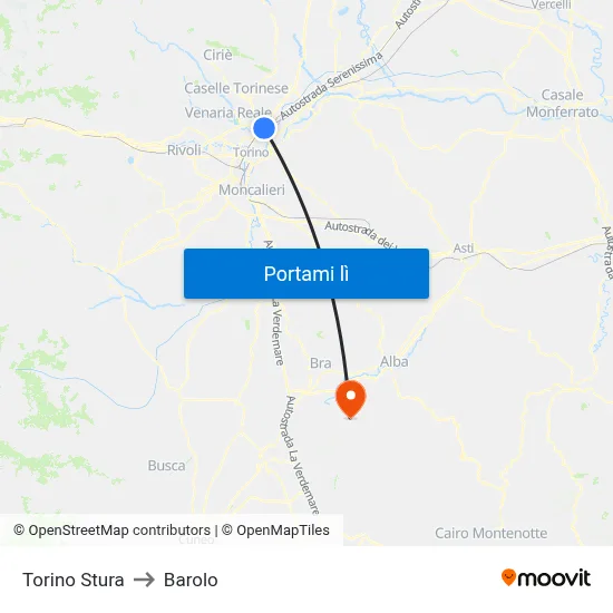 Torino Stura to Barolo map