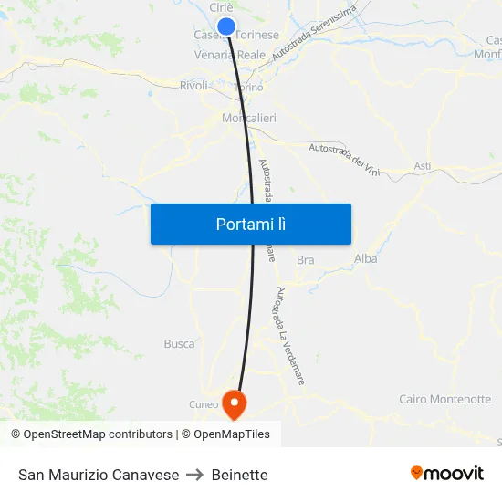 San Maurizio Canavese to Beinette map