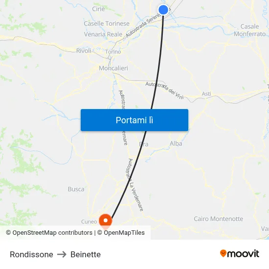Rondissone to Beinette map