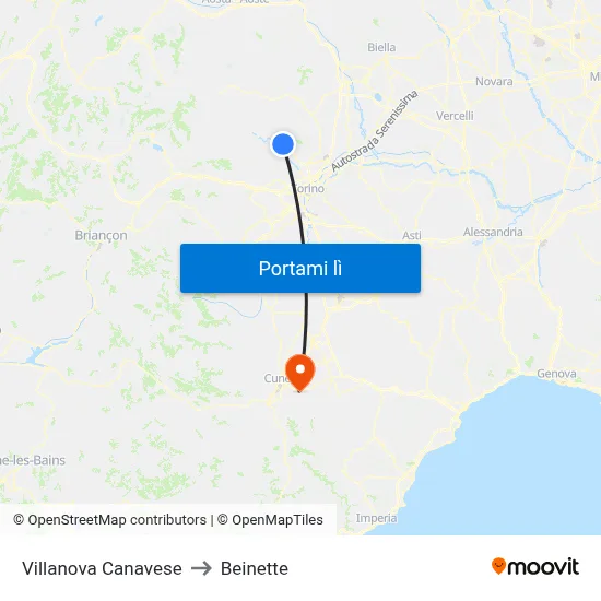 Villanova Canavese to Beinette map