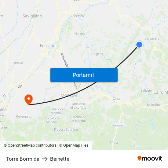 Torre Bormida to Beinette map