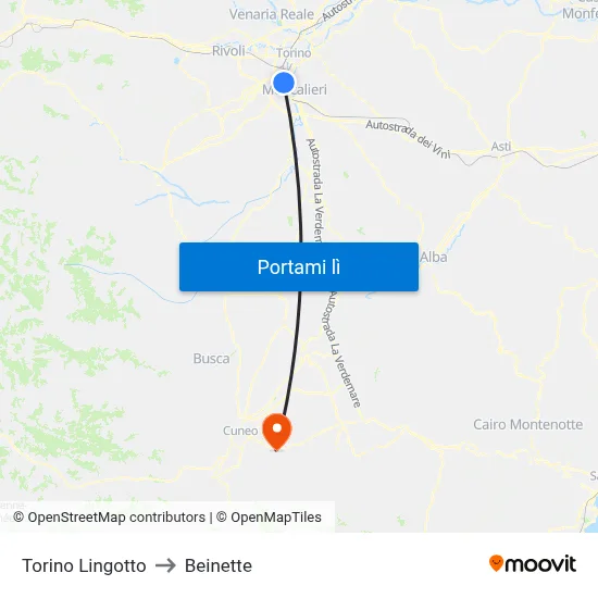 Torino Lingotto to Beinette map