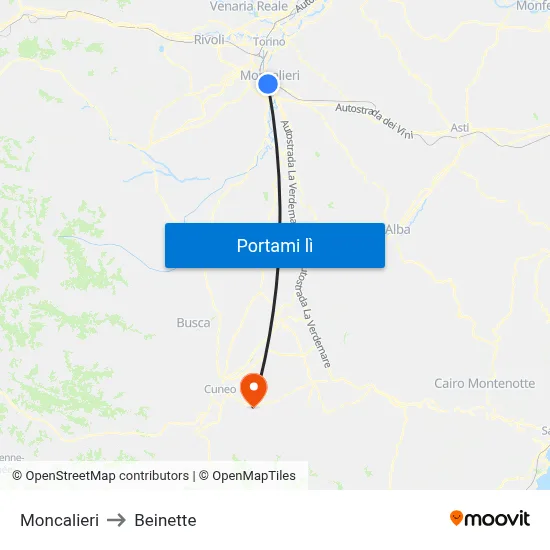 Moncalieri to Beinette map