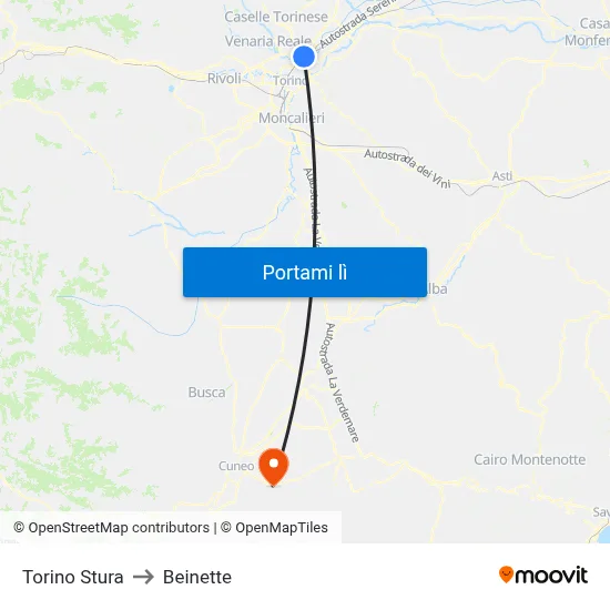 Torino Stura to Beinette map