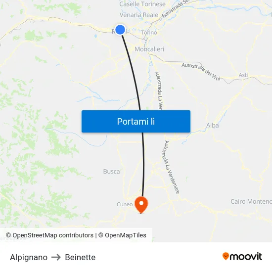 Alpignano to Beinette map