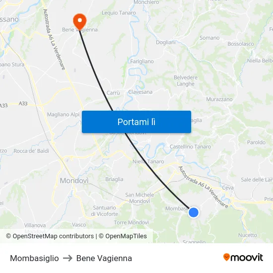 Mombasiglio to Bene Vagienna map
