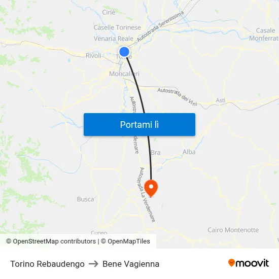Torino Rebaudengo to Bene Vagienna map