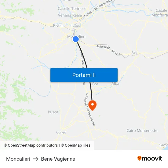 Moncalieri to Bene Vagienna map