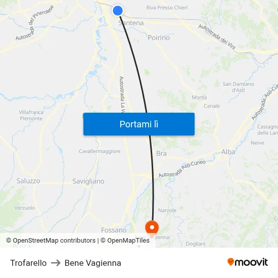 Trofarello to Bene Vagienna map
