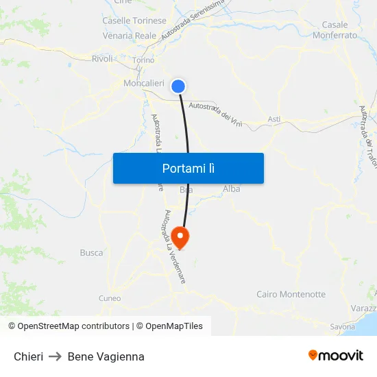 Chieri to Bene Vagienna map