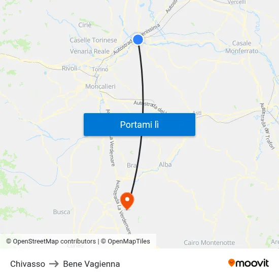 Chivasso to Bene Vagienna map