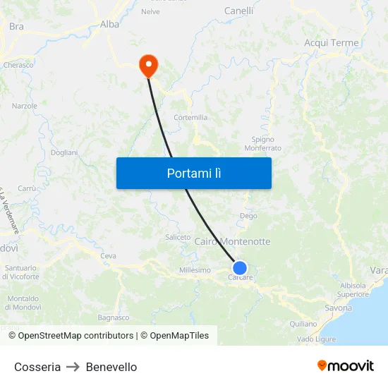 Cosseria to Benevello map