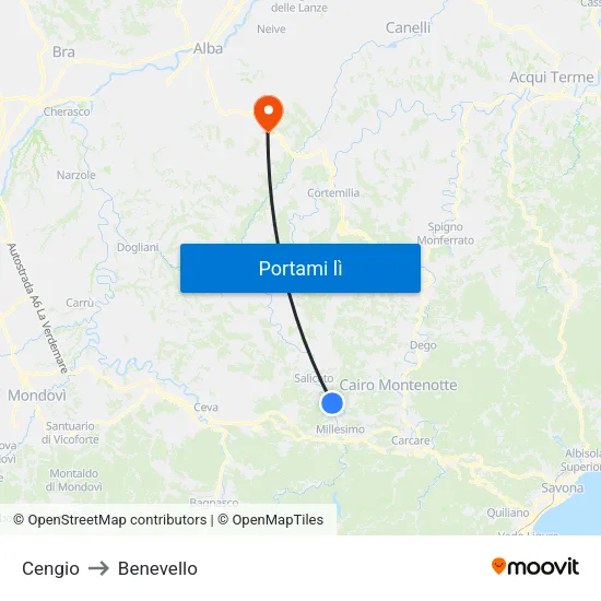 Cengio to Benevello map