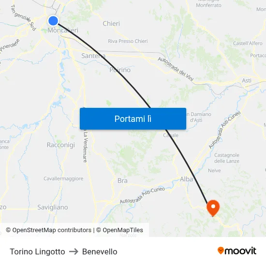 Torino Lingotto to Benevello map