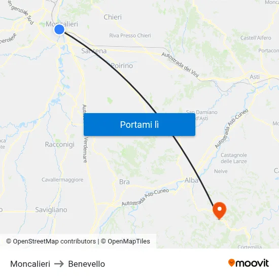 Moncalieri to Benevello map