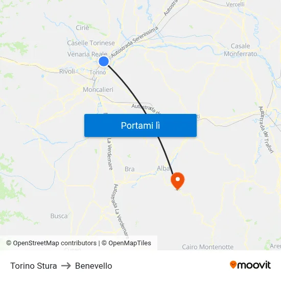 Torino Stura to Benevello map