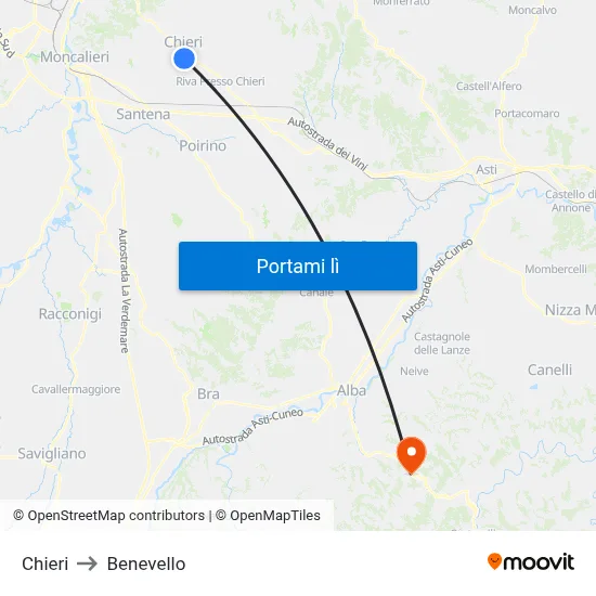 Chieri to Benevello map