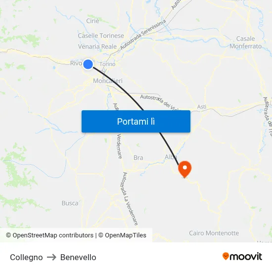 Collegno to Benevello map