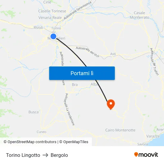 Torino Lingotto to Bergolo map