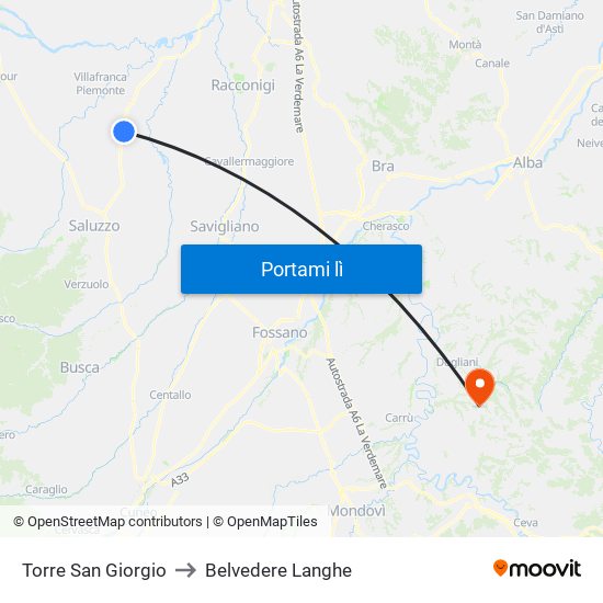 Torre San Giorgio to Belvedere Langhe map