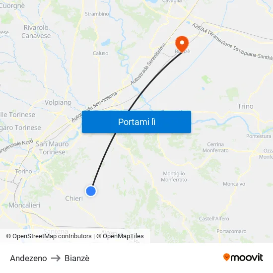 Andezeno to Bianzè map
