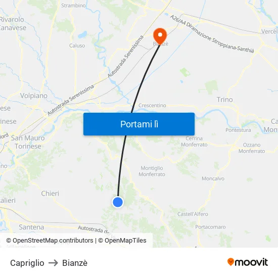 Capriglio to Bianzè map