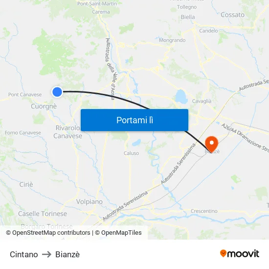 Cintano to Bianzè map