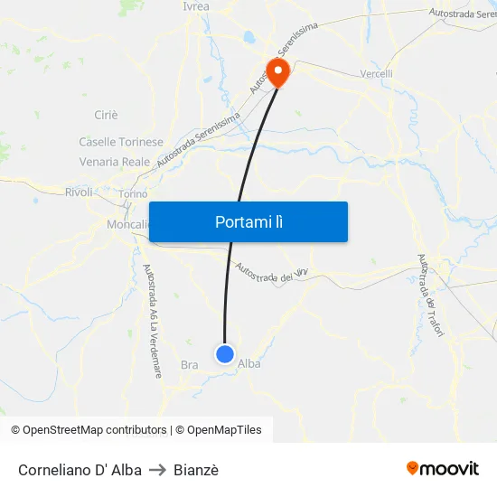 Corneliano D' Alba to Bianzè map