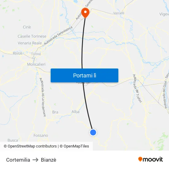 Cortemilia to Bianzè map