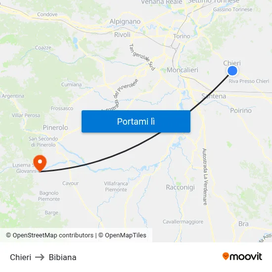 Chieri to Bibiana map