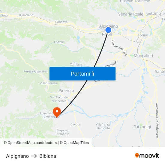 Alpignano to Bibiana map