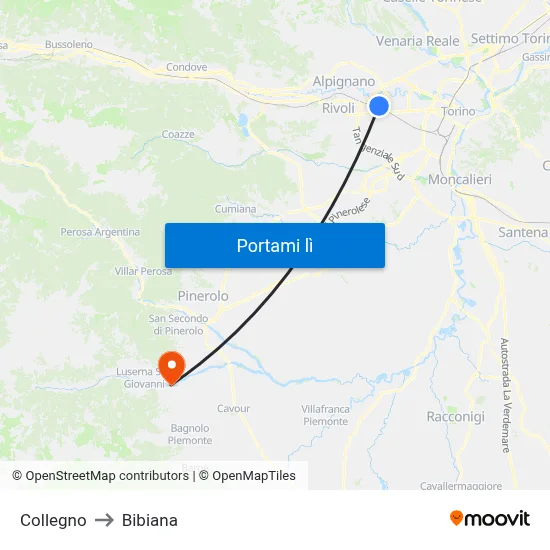 Collegno to Bibiana map