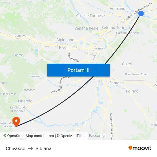 Chivasso to Bibiana map