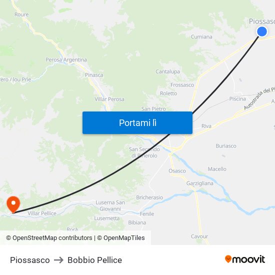 Piossasco to Bobbio Pellice map