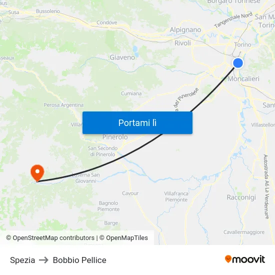 Spezia to Bobbio Pellice map