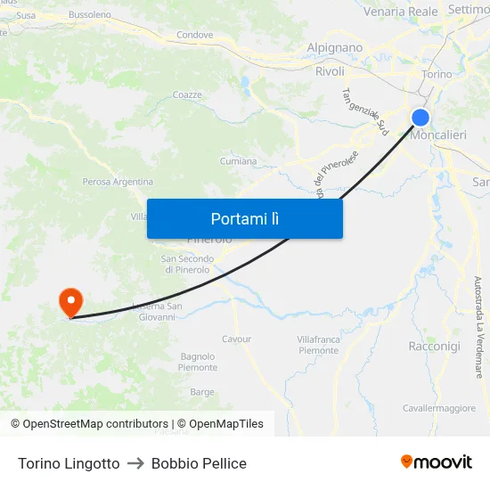 Torino Lingotto to Bobbio Pellice map