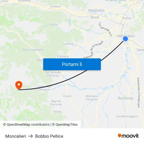 Moncalieri to Bobbio Pellice map