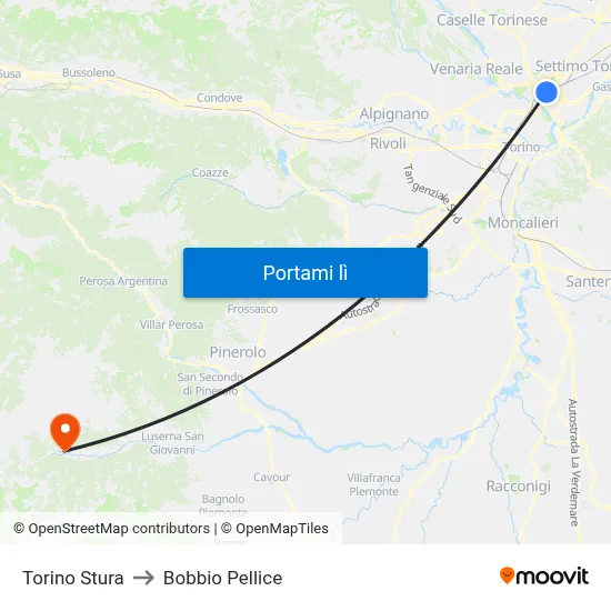 Torino Stura to Bobbio Pellice map