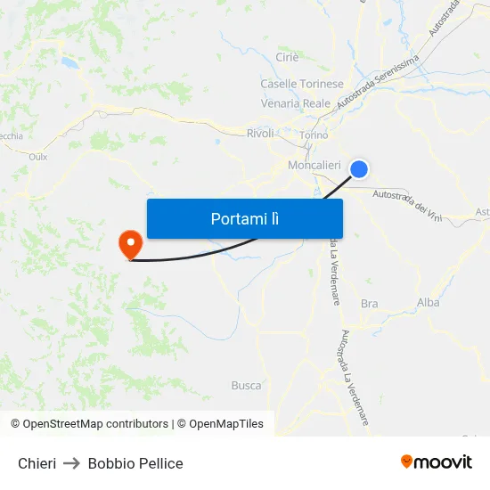Chieri to Bobbio Pellice map