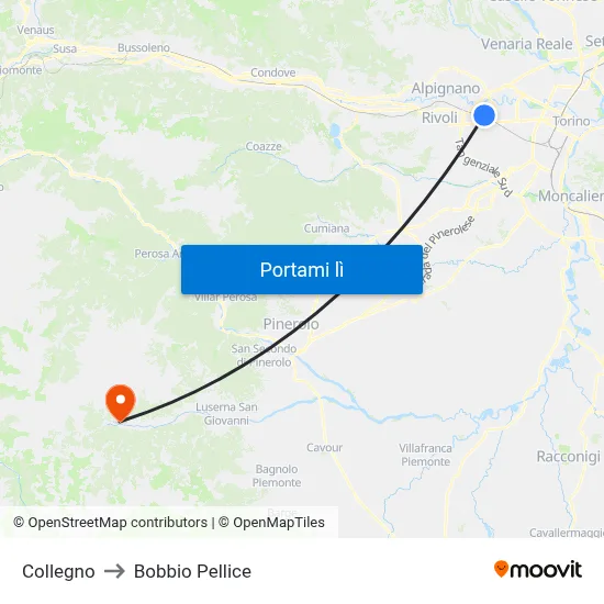 Collegno to Bobbio Pellice map